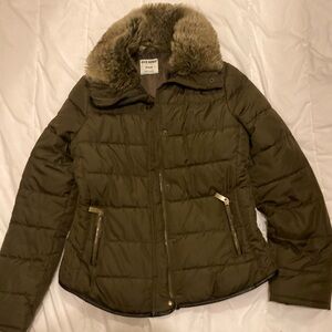 Old Navy Olive Puffer Jacket with Faux Fur Trim
